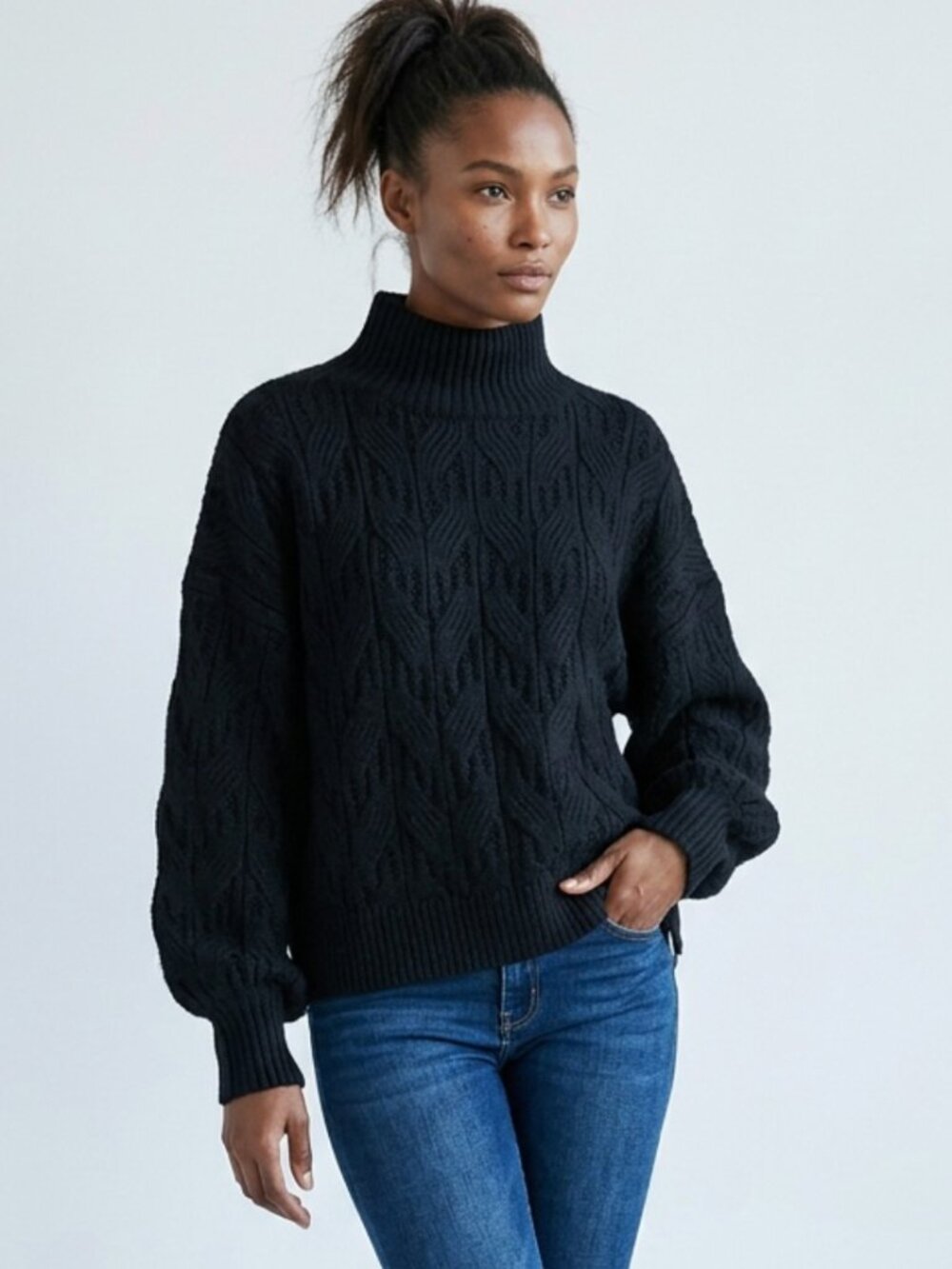 PROLOGUE Black Cable Knit Lantern Sleeve Mock Neck Sweater Sz XL